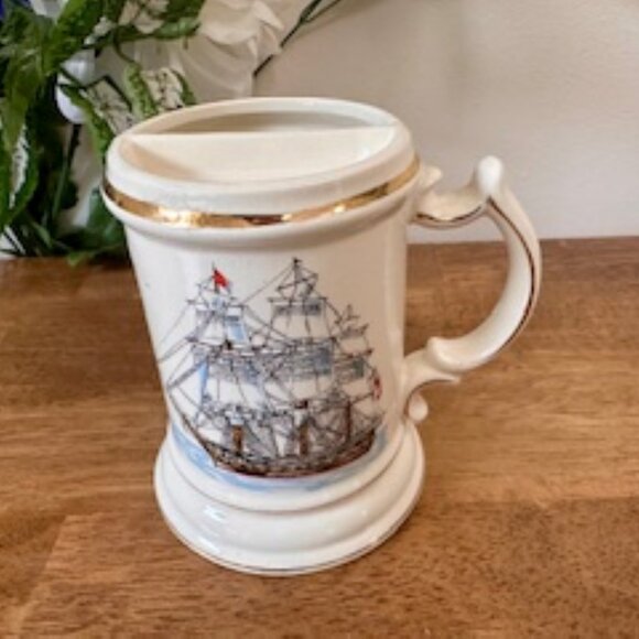 Vintage Gainsborough Moustache Mug Ship Design Gold Rim Ceramic Shaving Mug Tank - Picture 3 of 8